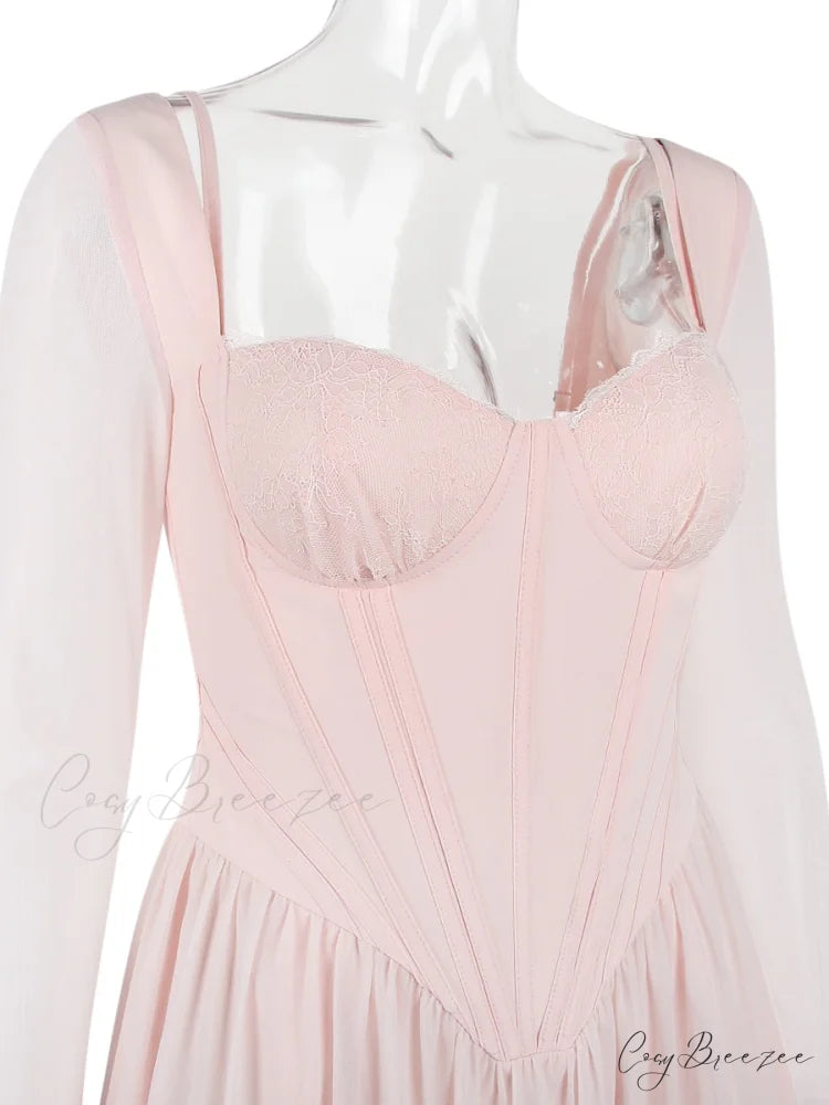 Pink Long Sleeve Charming Bustier Frill Mini Dress
