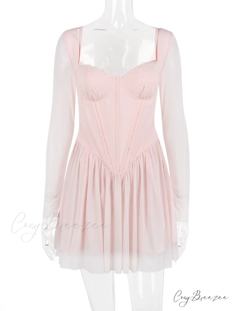 Pink Long Sleeve Charming Bustier Frill Mini Dress