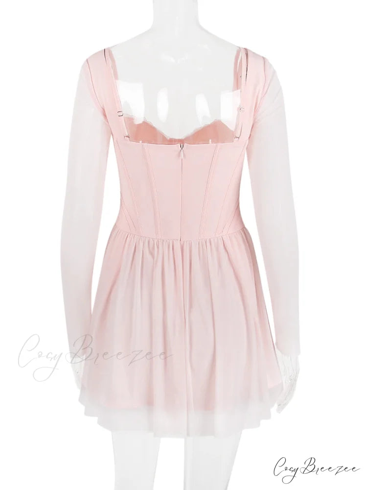Pink Long Sleeve Charming Bustier Frill Mini Dress