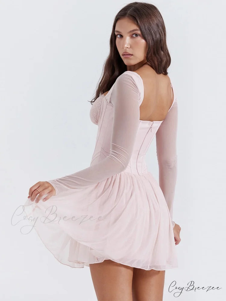 Pink Long Sleeve Charming Bustier Frill Mini Dress