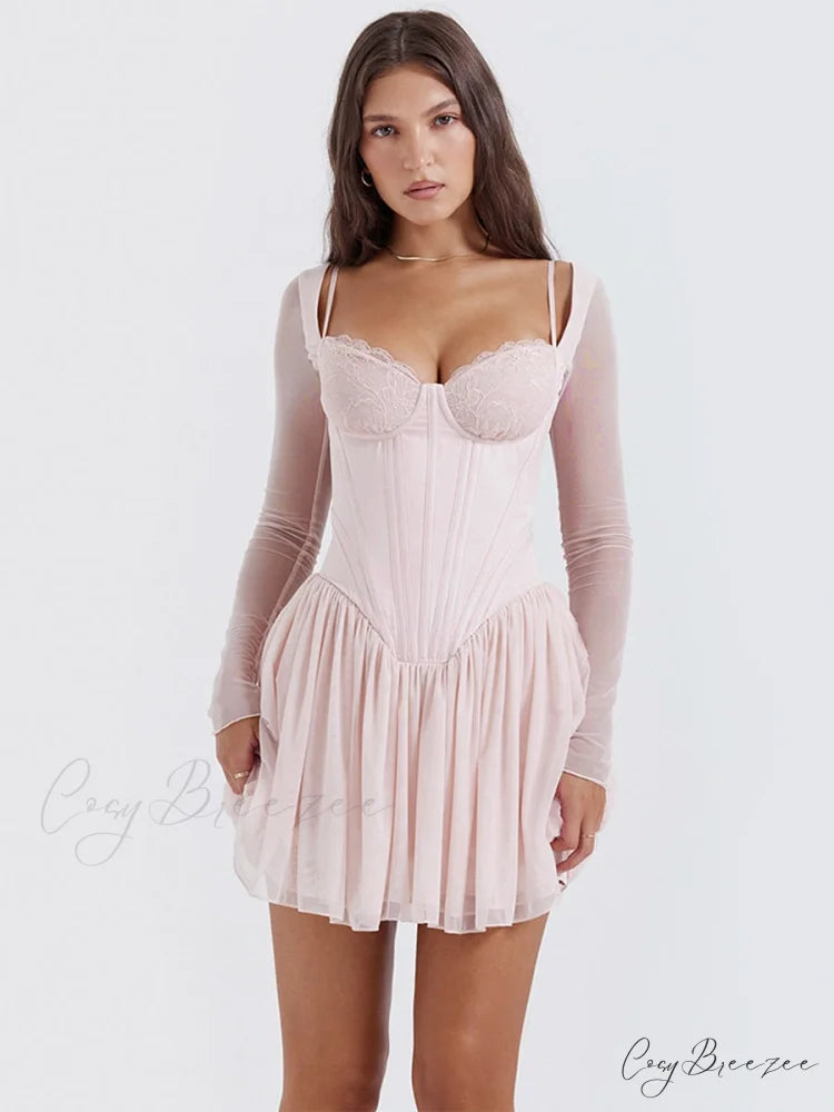 Pink Long Sleeve Charming Bustier Frill Mini Dress Pink / XS