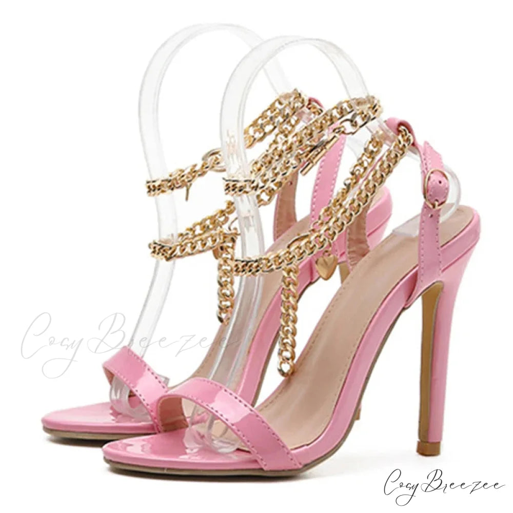 Pink Patent Leather Summer Women’s Sandals with Metal Chain Ankle Strap and Stiletto Heels Pink / 35