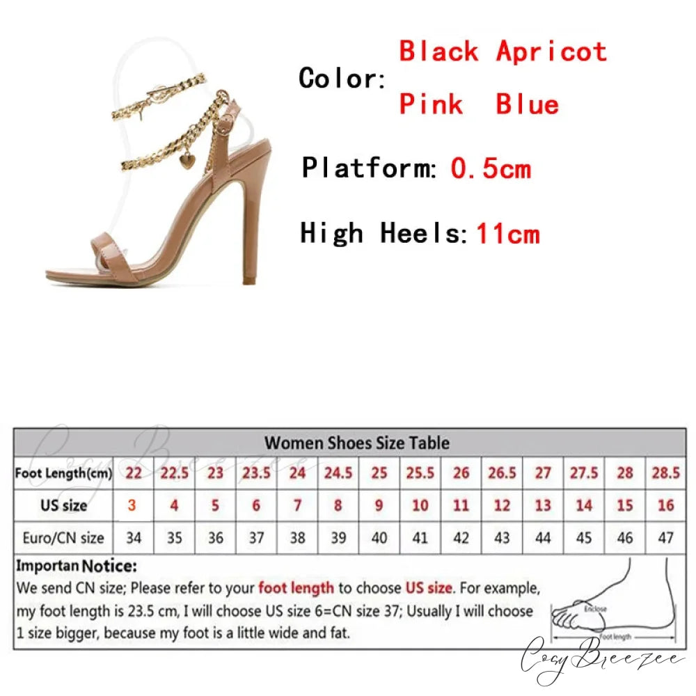 Pink Patent Leather Summer Women’s Sandals with Metal Chain Ankle Strap and Stiletto Heels