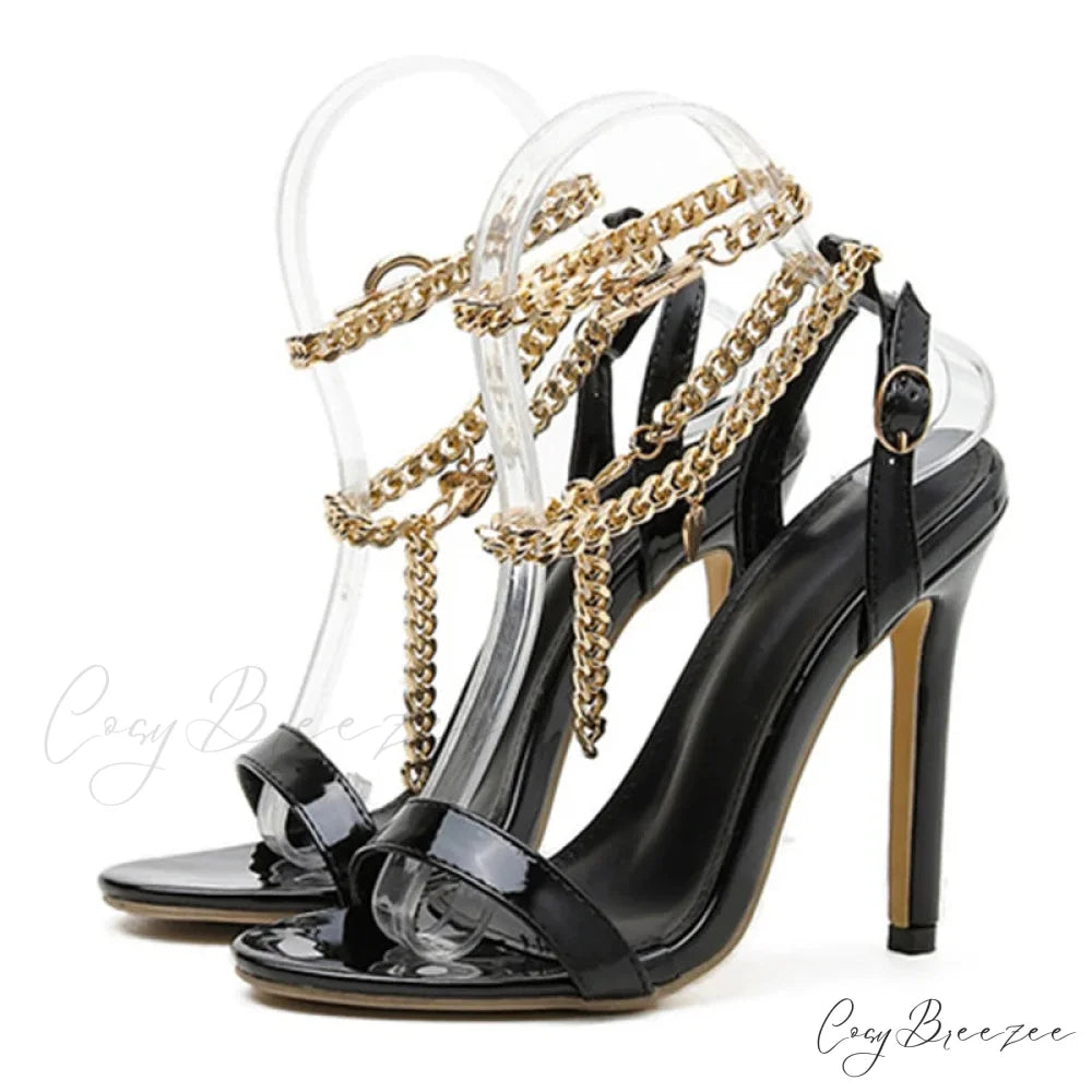 Pink Patent Leather Summer Women’s Sandals with Metal Chain Ankle Strap and Stiletto Heels Black / 35