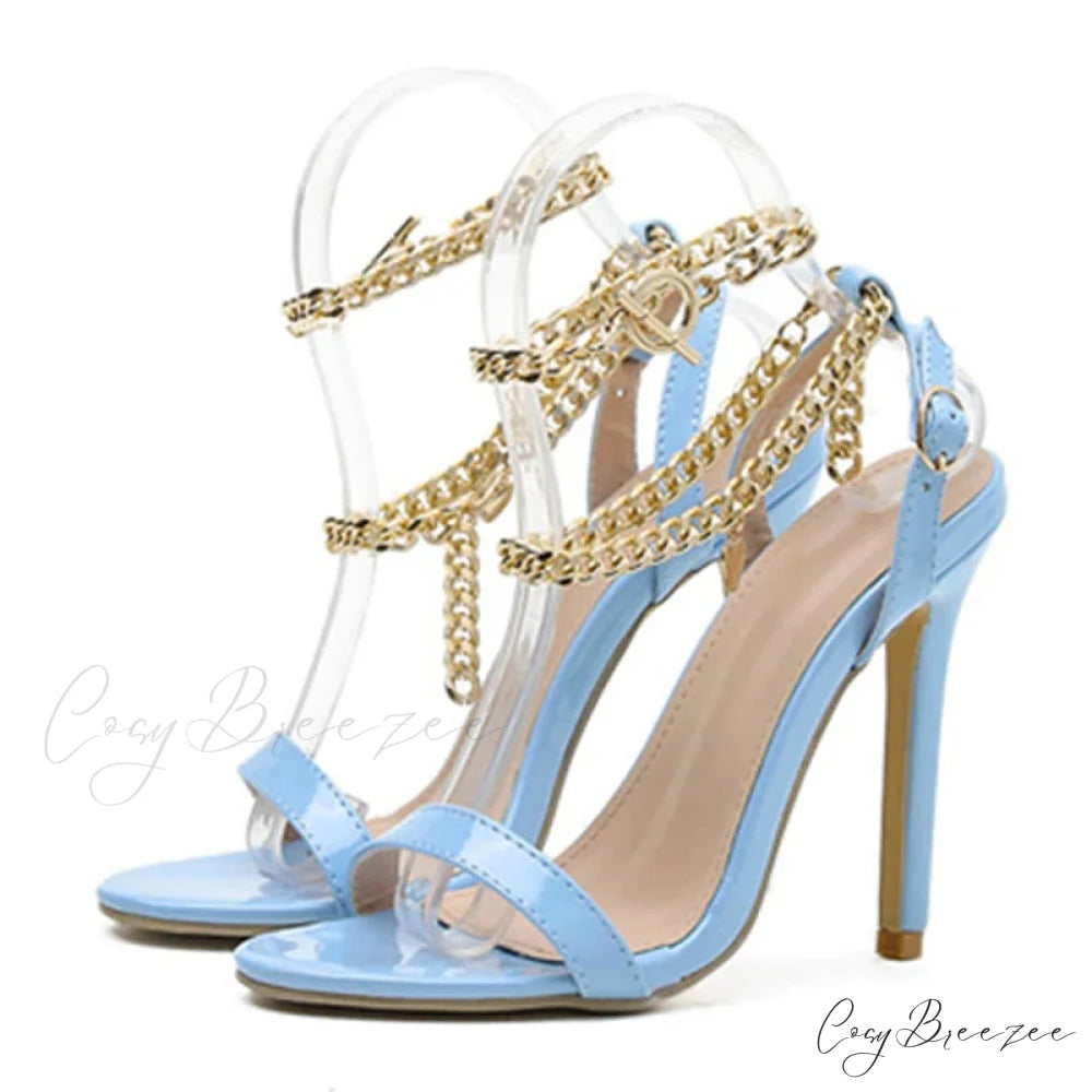 Pink Patent Leather Summer Women’s Sandals with Metal Chain Ankle Strap and Stiletto Heels Blue / 35