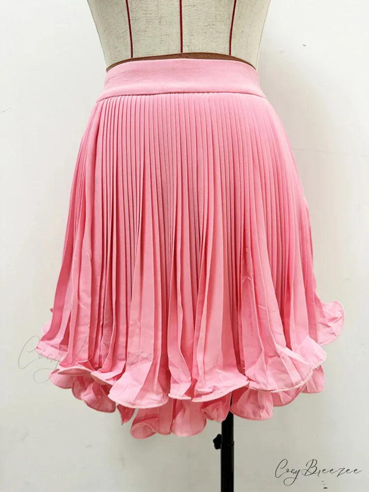 Pink Pleated Stylish Frill Mini Skirt