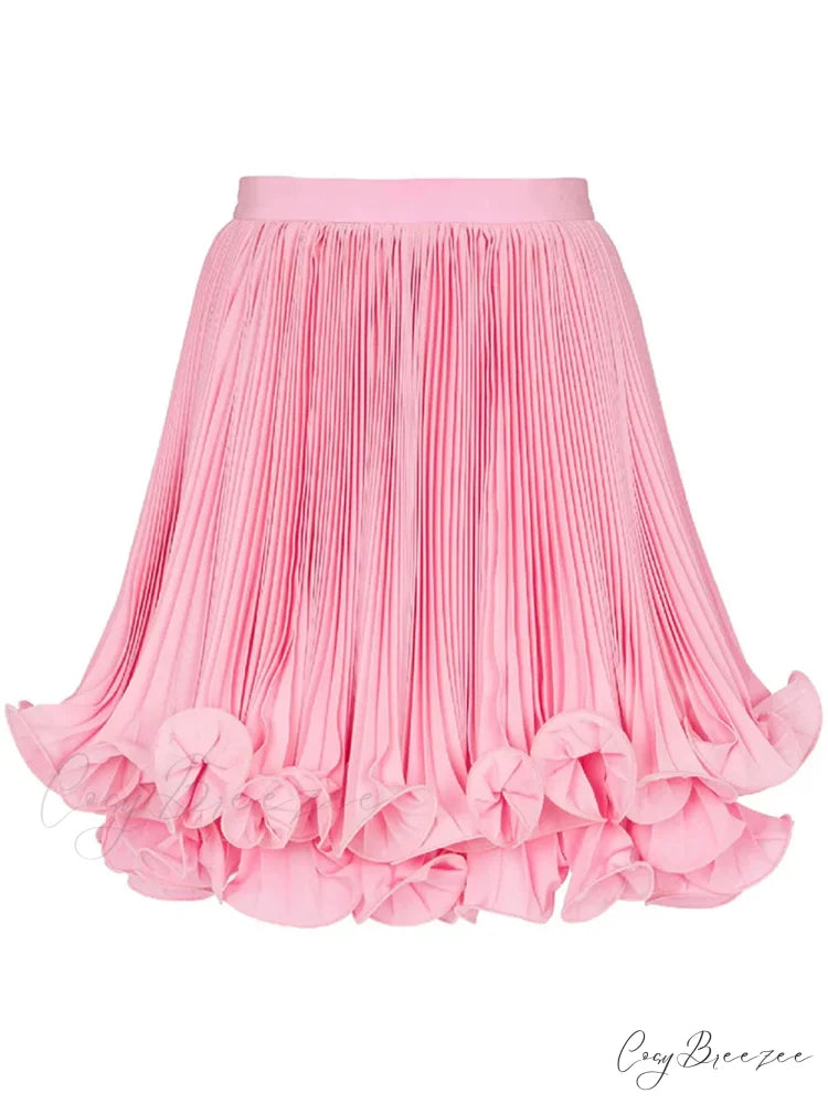 Pink Pleated Stylish Frill Mini Skirt Pink / M