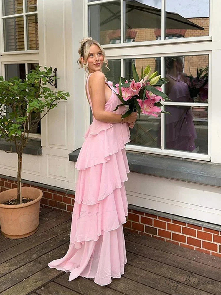 Pink Pleated Stylish Halter Maxi Dress Pink / M