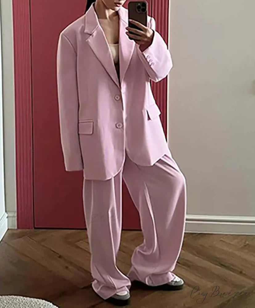 Pink Pockets Blazer Straight Trousers Office Set officetwopieceset-250223