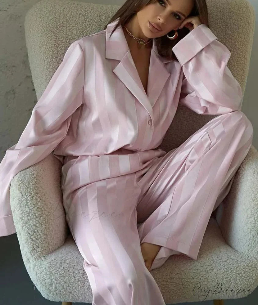 Pink Print Lapel Full Pants Office Set officetwopieceset-250223