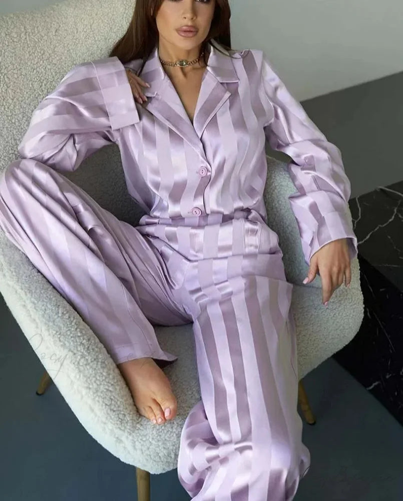 Pink Print Lapel Full Pants Office Set PURPLE / S officetwopieceset-250223