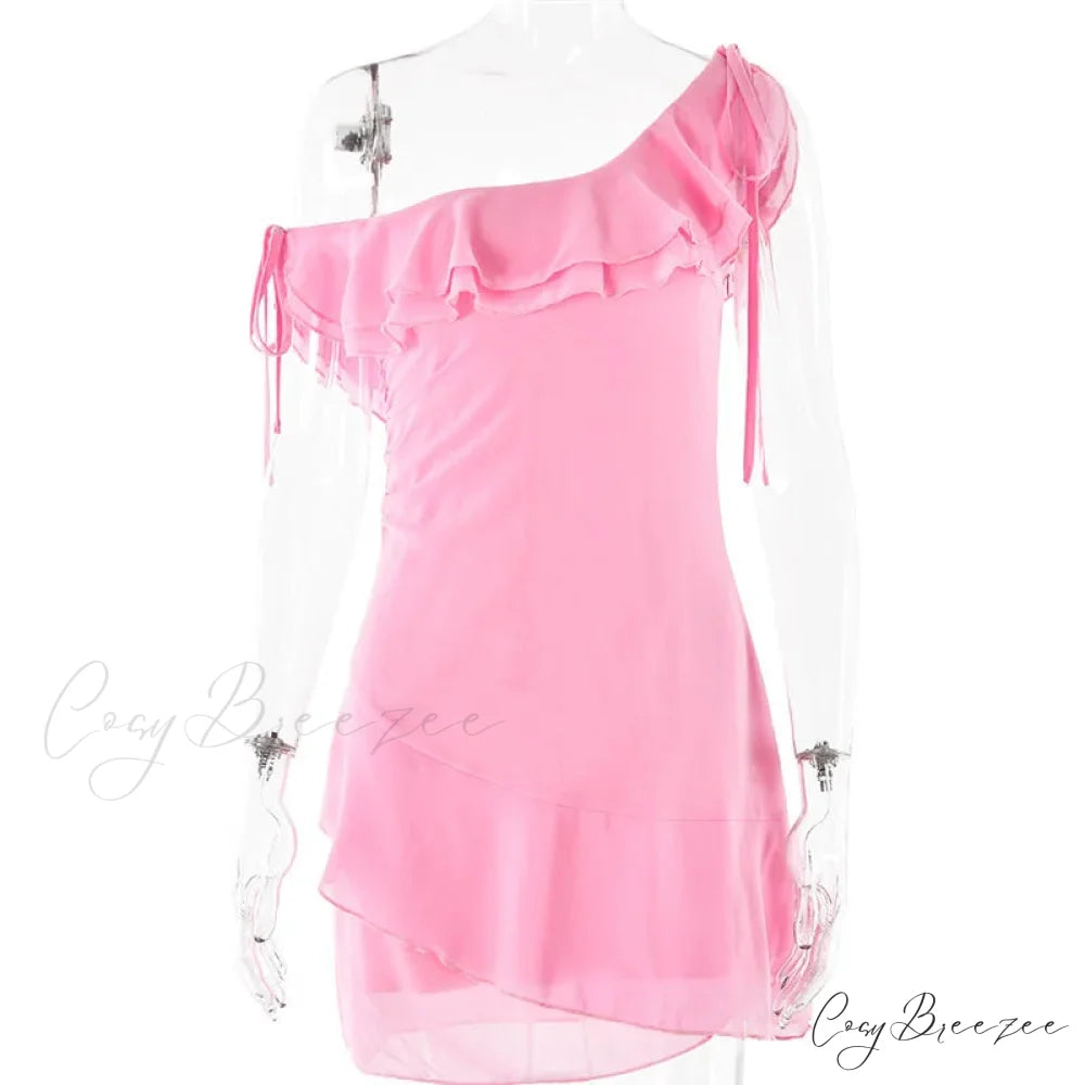 Pink Ruffled Stylish Shoulder Mini Dress