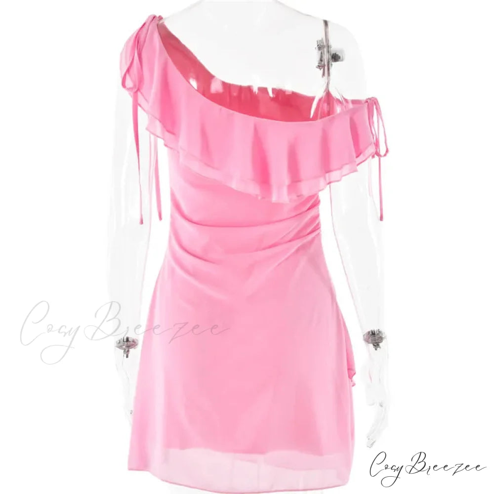 Pink Ruffled Stylish Shoulder Mini Dress