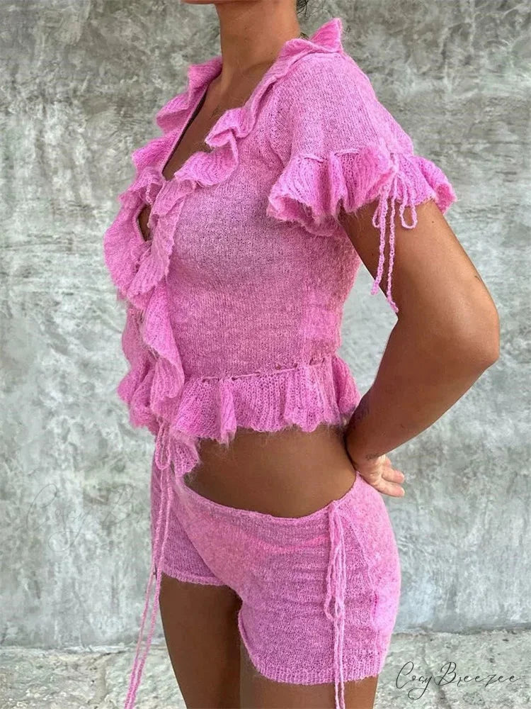 Pink Ruffles Sheer Charming Top And Shorts Set
