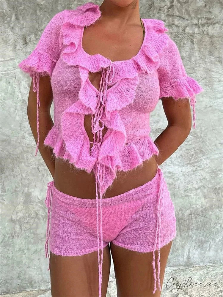 Pink Ruffles Sheer Charming Top And Shorts Set