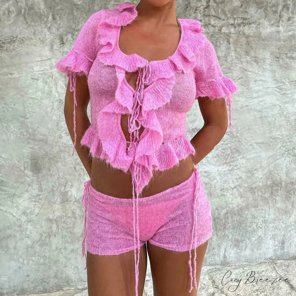 Pink Ruffles Sheer Charming Top And Shorts Set Pink / S
