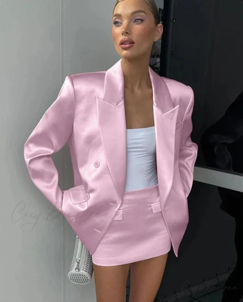 Pink Satin Blazer Charming And Mini Skirt Set Pink / S