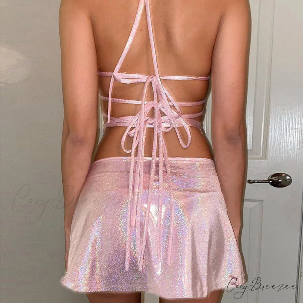 Pink Sequin Bralette and Skirt Trendy Tie Up Two Piece Set