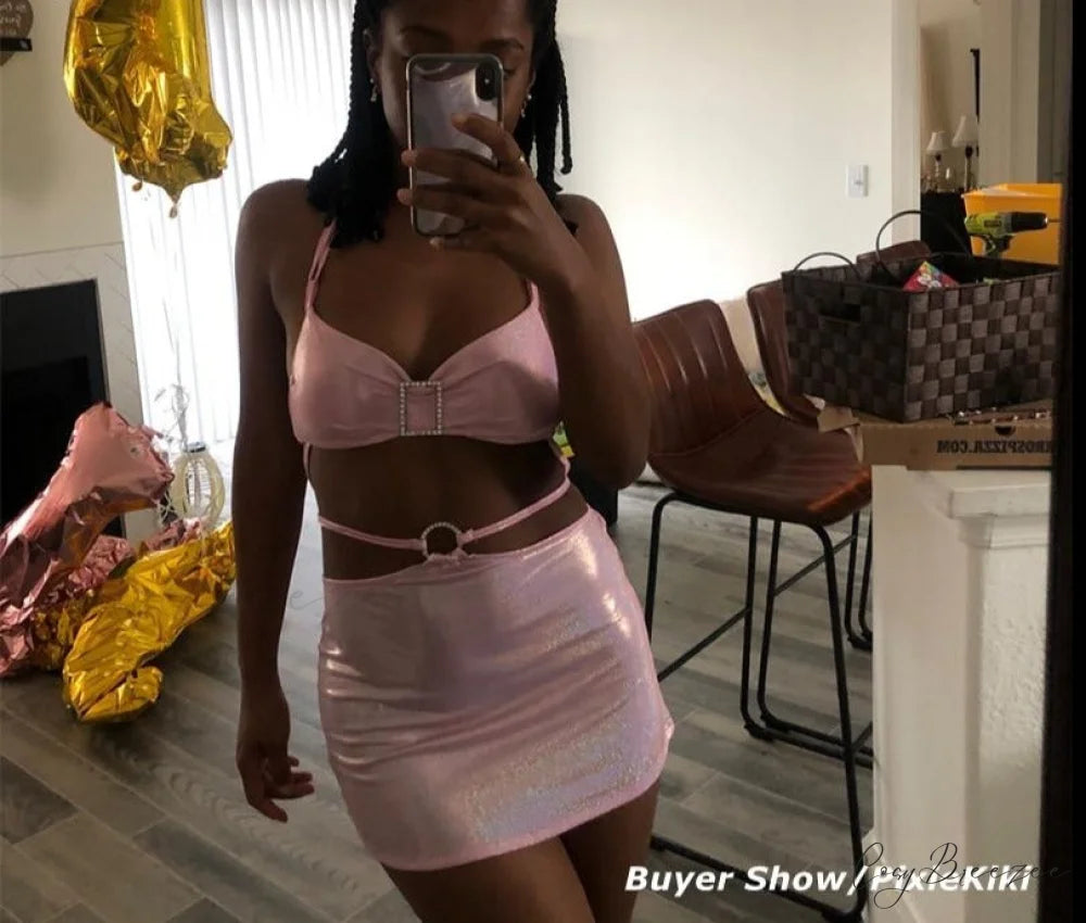 Pink Sequin Bralette and Skirt Trendy Tie Up Two Piece Set