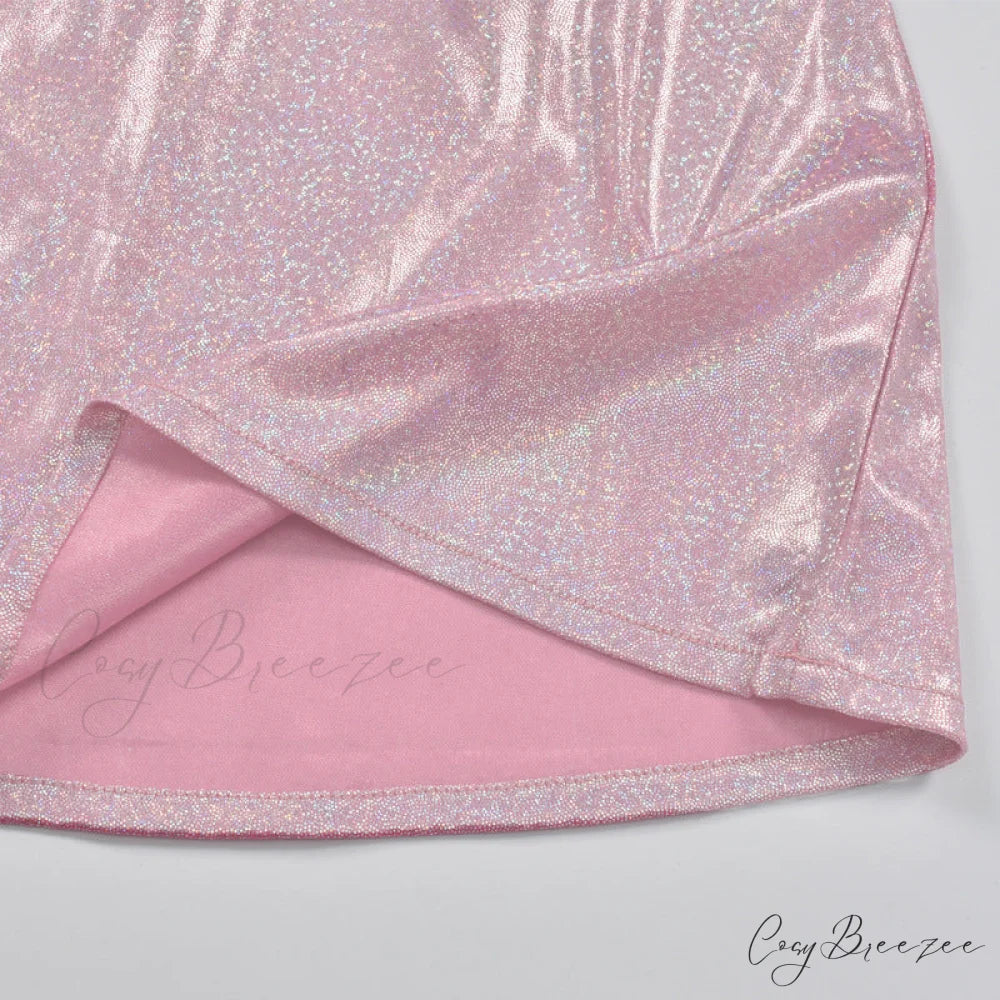 Pink Sequin Bralette and Skirt Trendy Tie Up Two Piece Set