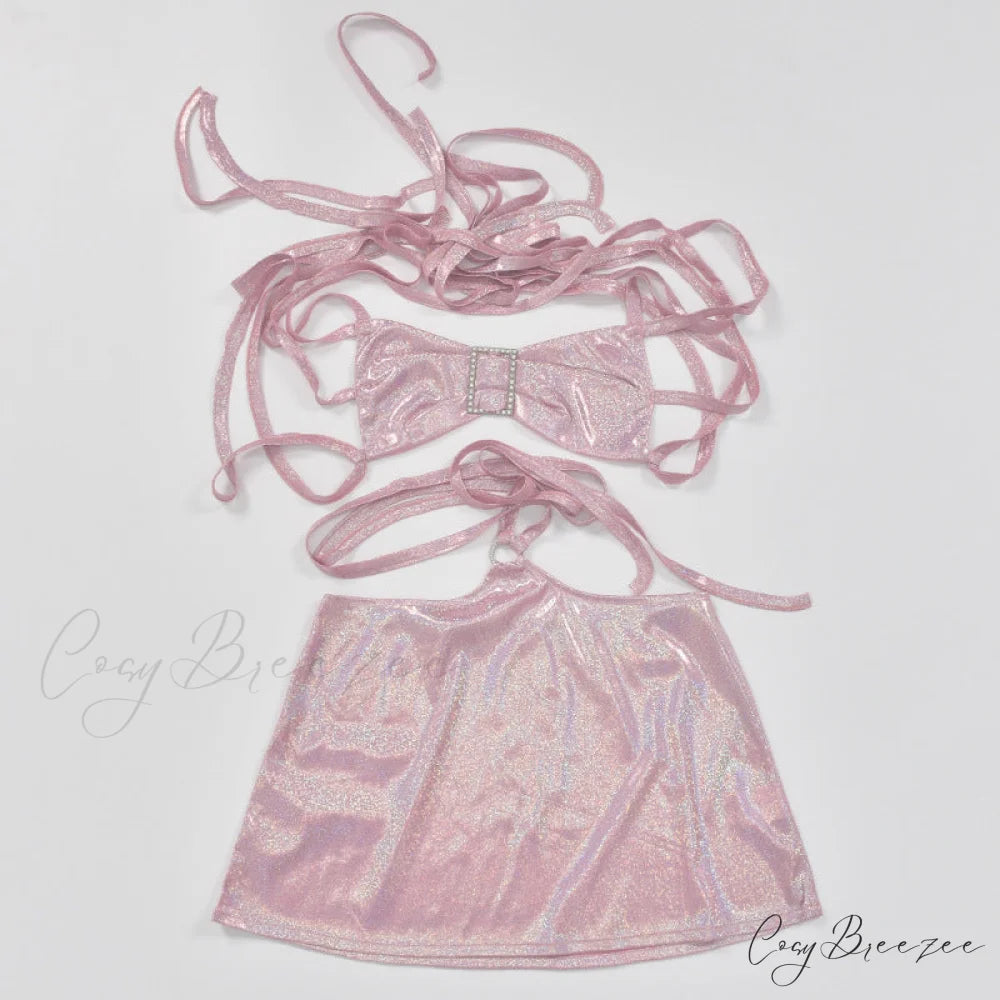 Pink Sequin Bralette and Skirt Trendy Tie Up Two Piece Set