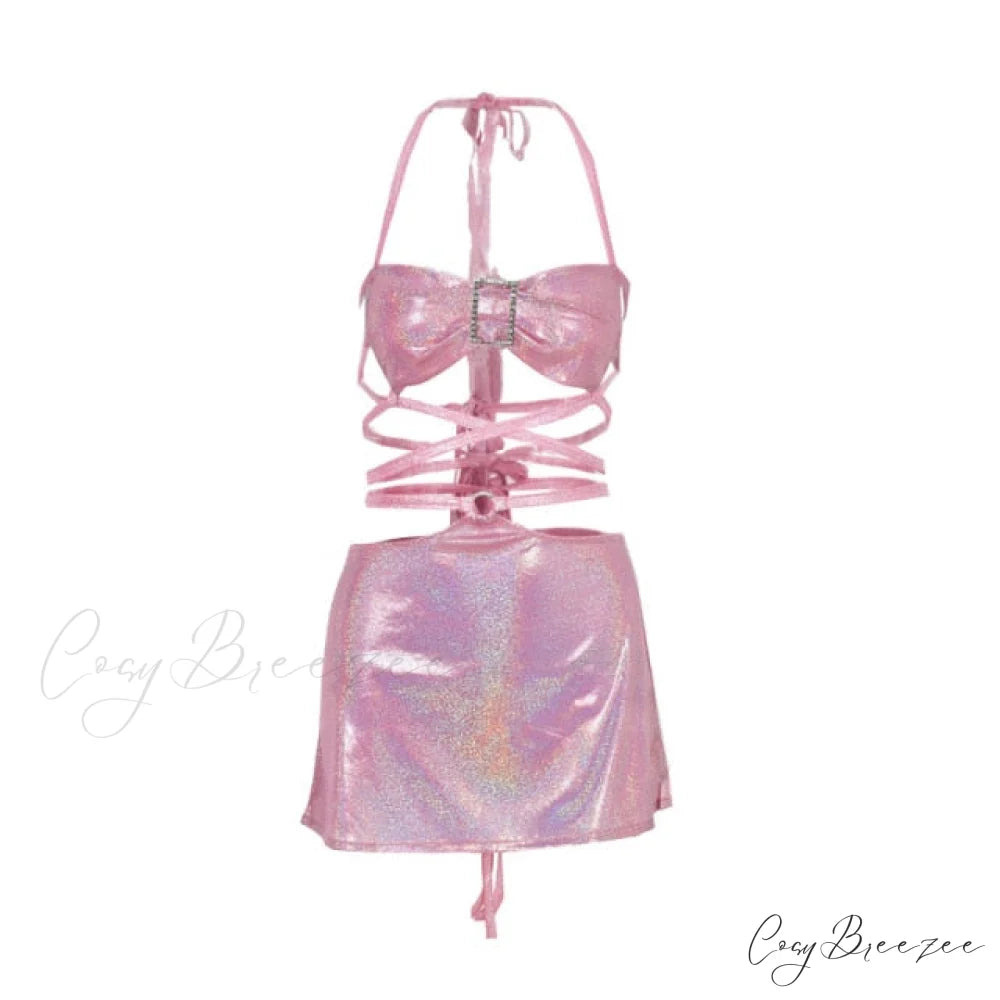 Pink Sequin Bralette and Skirt Trendy Tie Up Two Piece Set S