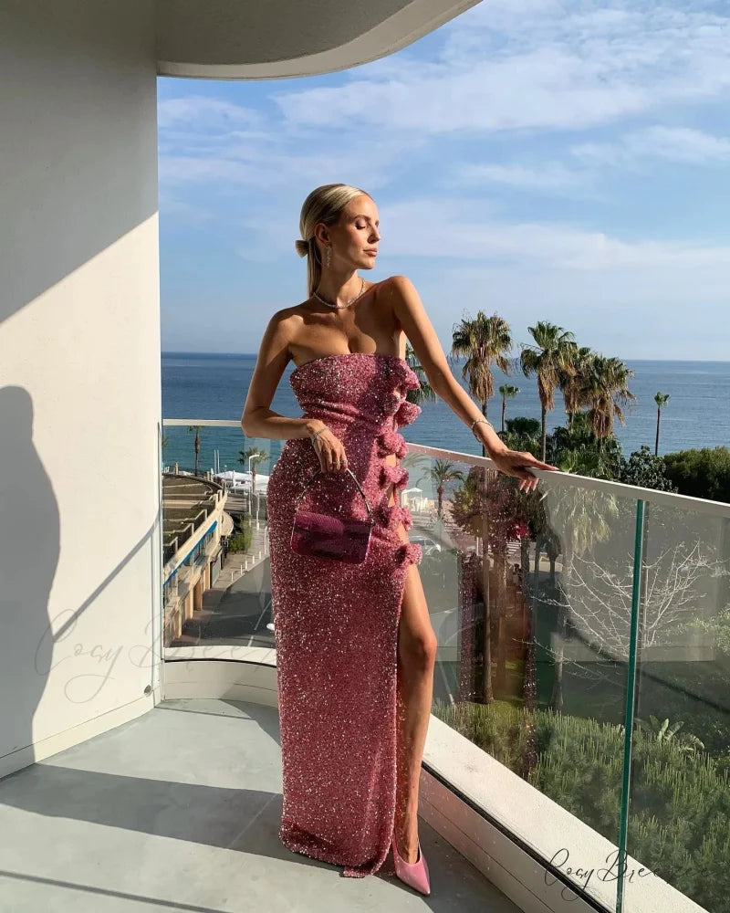 Pink Sequin Off-Shoulder Party Dress