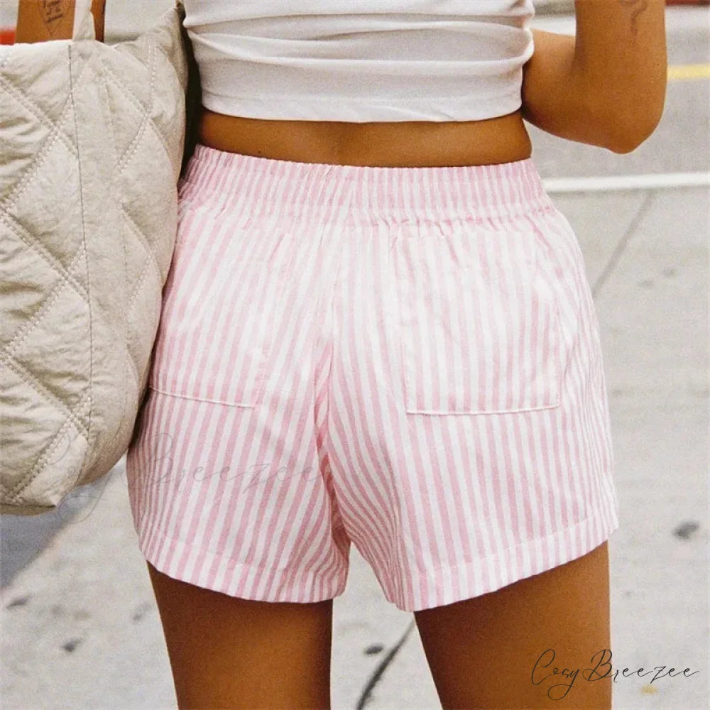 Pink Striped Elastic Waist Shorts short-250223