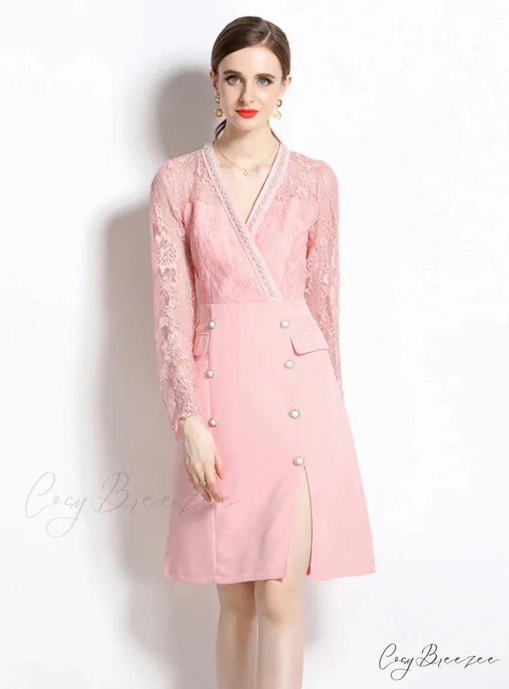 PINK V-NECK LACE DRESS with LONG SLEEVES