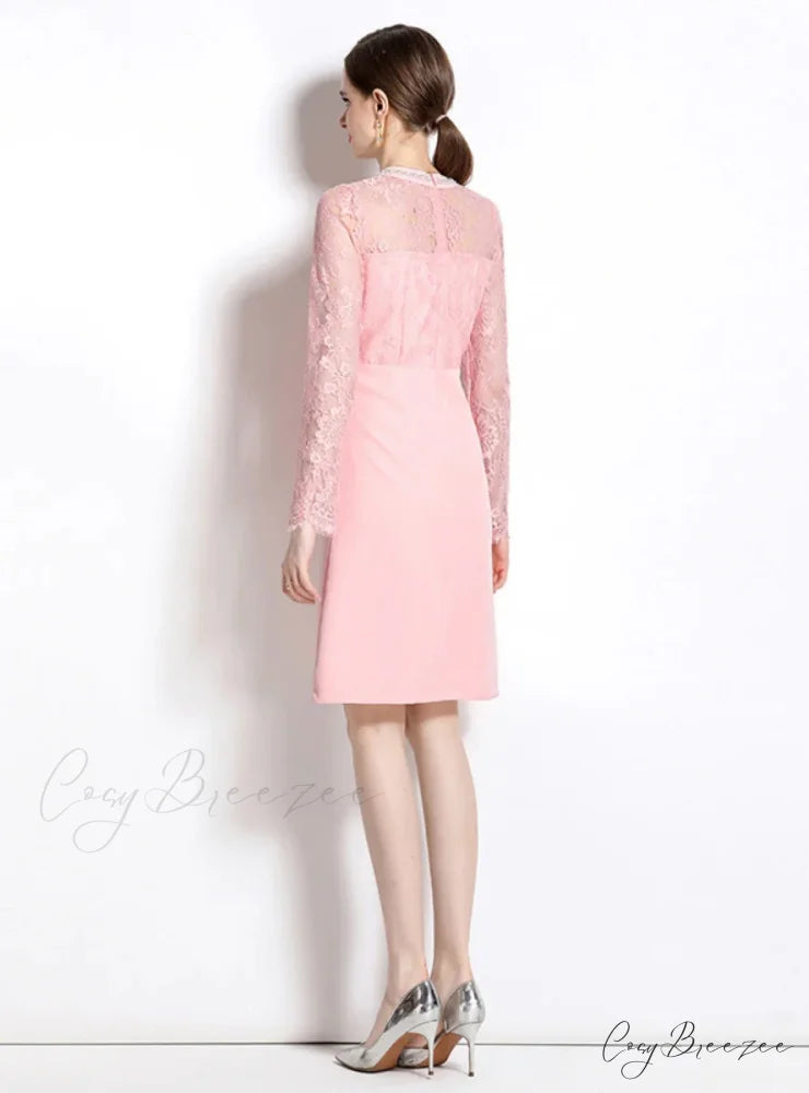 PINK V-NECK LACE DRESS with LONG SLEEVES