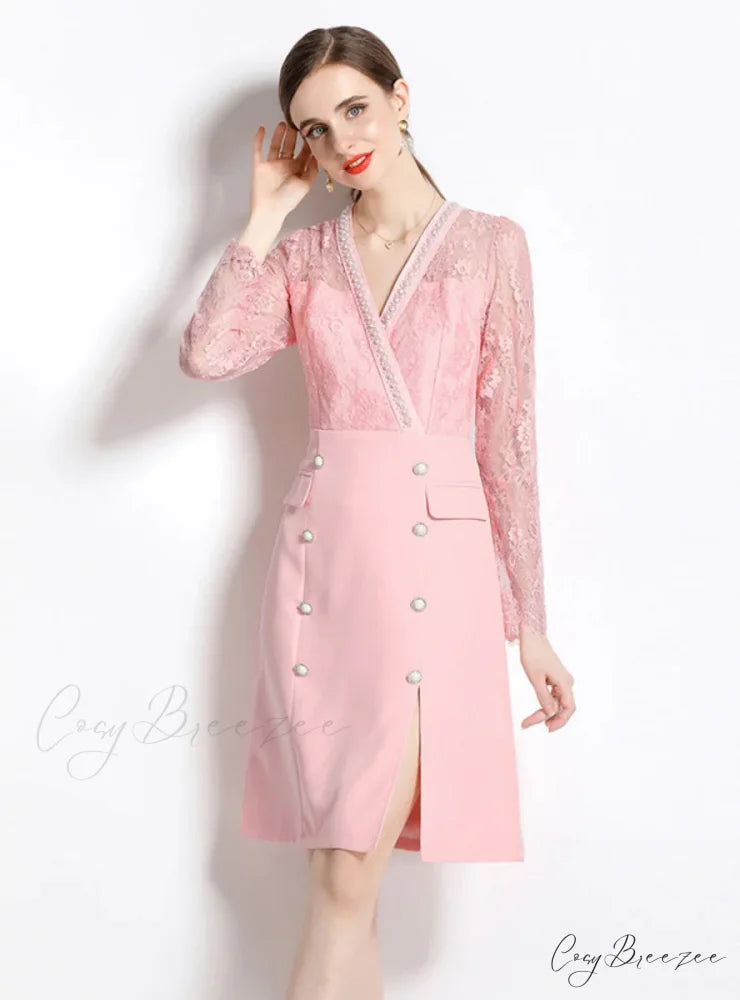 PINK V-NECK LACE DRESS with LONG SLEEVES