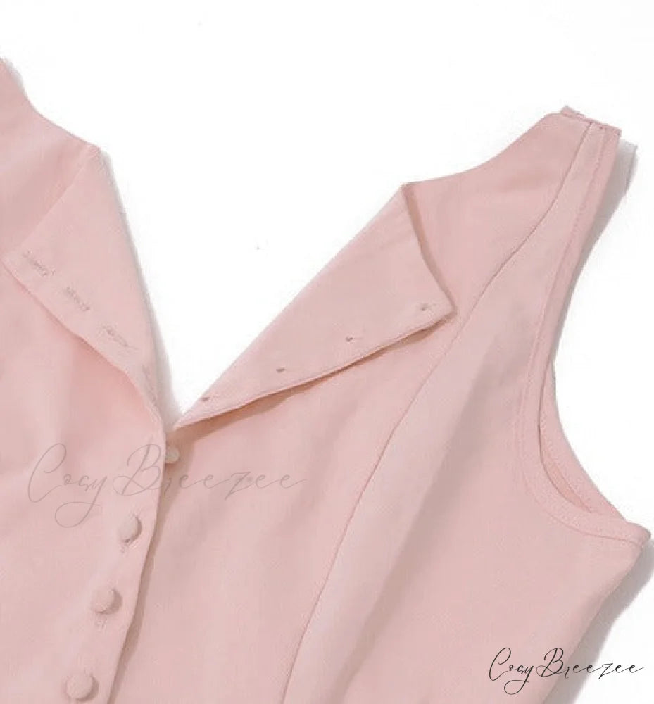 Pink V-neck Stylish Buttoned Midi Dress