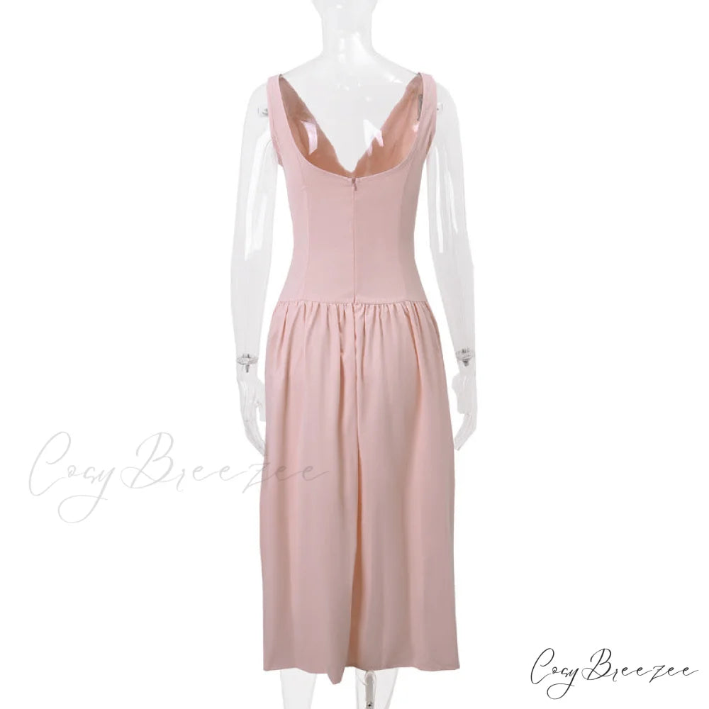 Pink V-neck Stylish Buttoned Midi Dress