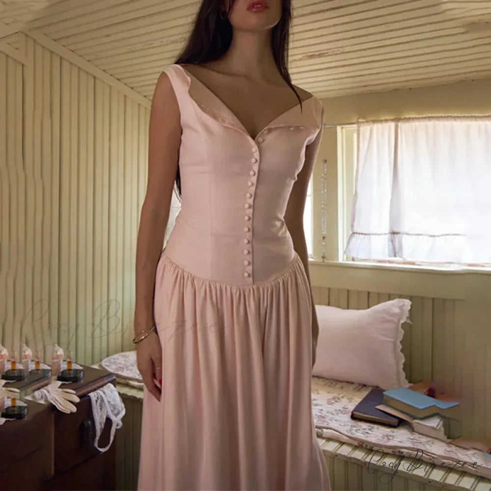 Pink V-neck Stylish Buttoned Midi Dress