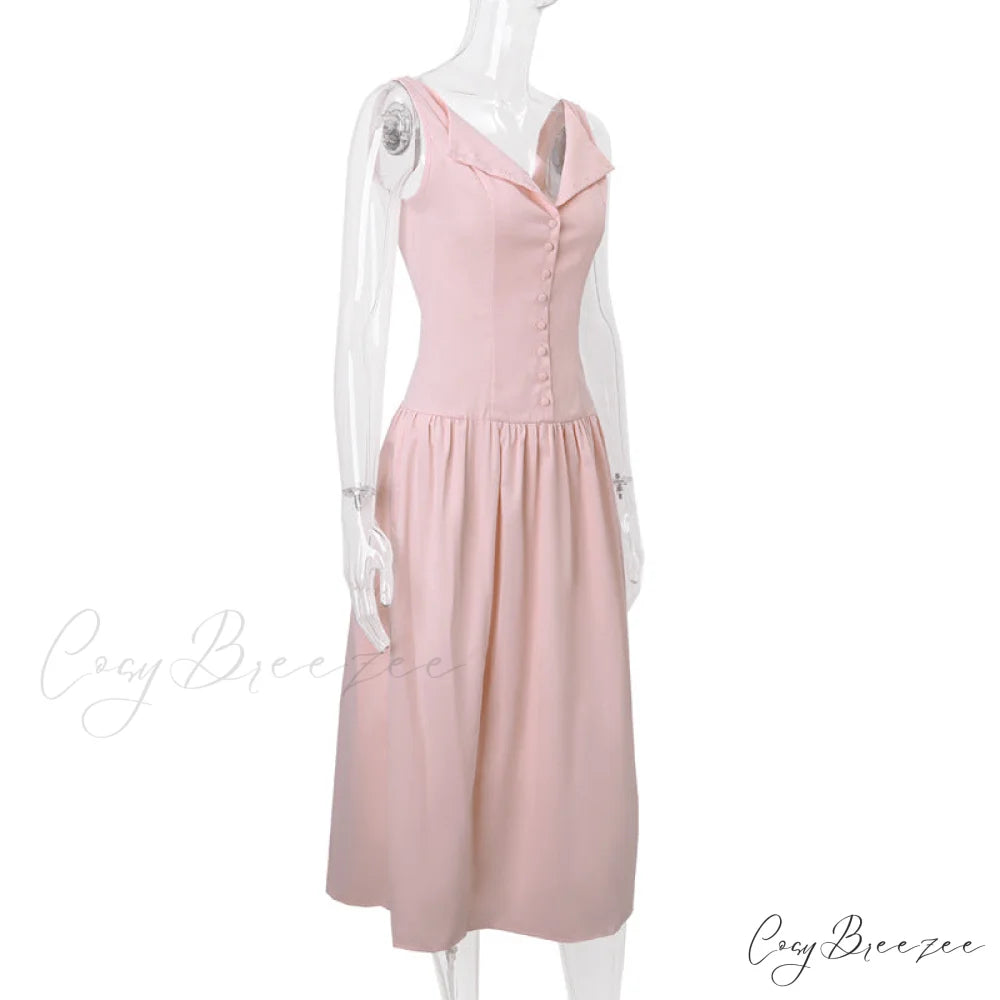 Pink V-neck Stylish Buttoned Midi Dress