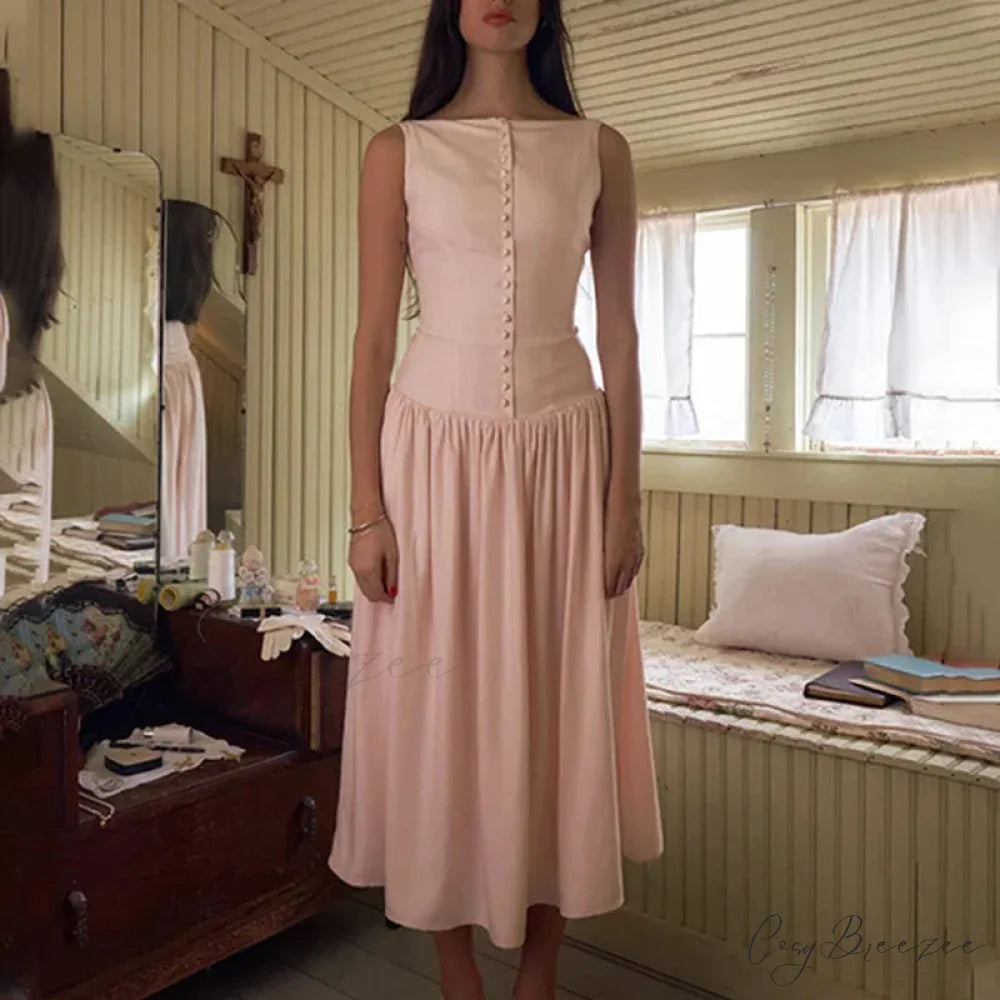 Pink V-neck Stylish Buttoned Midi Dress