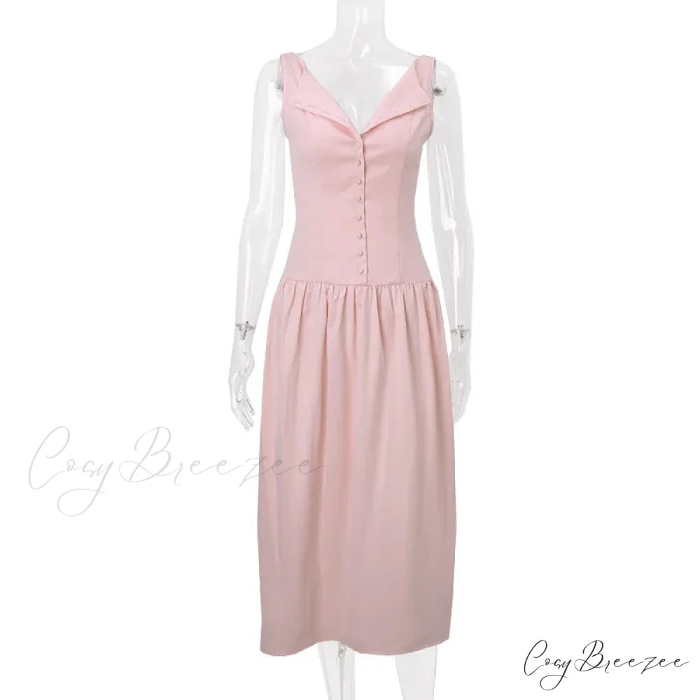 Pink V-neck Stylish Buttoned Midi Dress Pink / S
