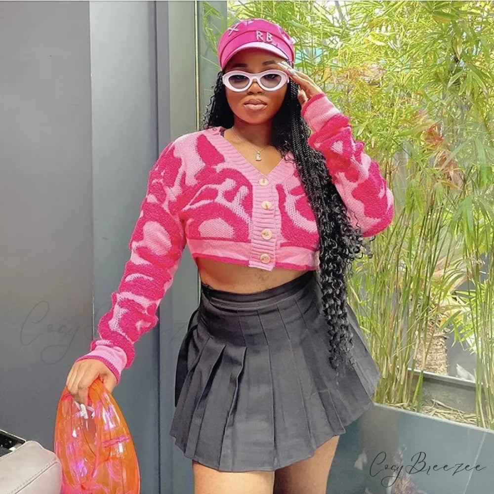 Pink Y2K Urban Knit Cardigan cardigans-241228