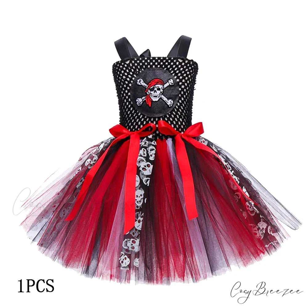 Pirate Caribbean Halloween Gothic Carnival Cosplay Tutu Kid Costume S (2-3Y) / Black-Red