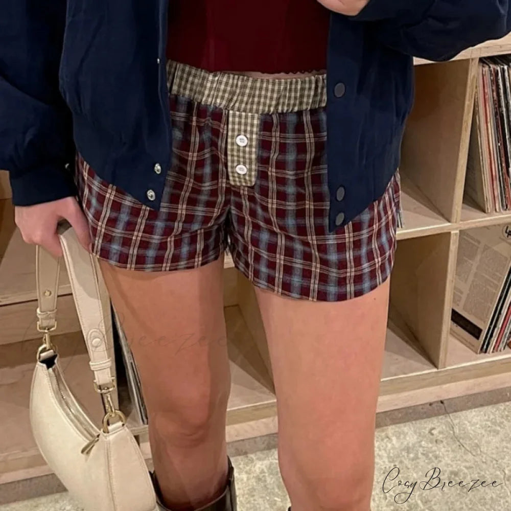 Plaid Boxer Elastic Waist Shorts short-250223