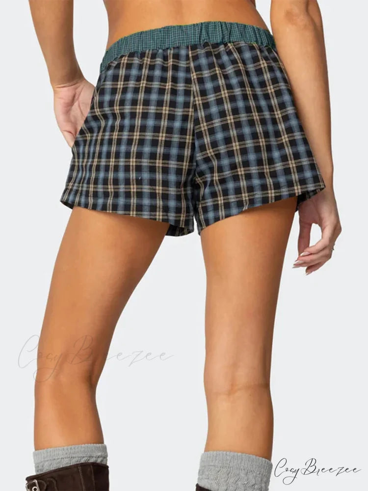 Plaid Boxer Elastic Waist Shorts short-250223