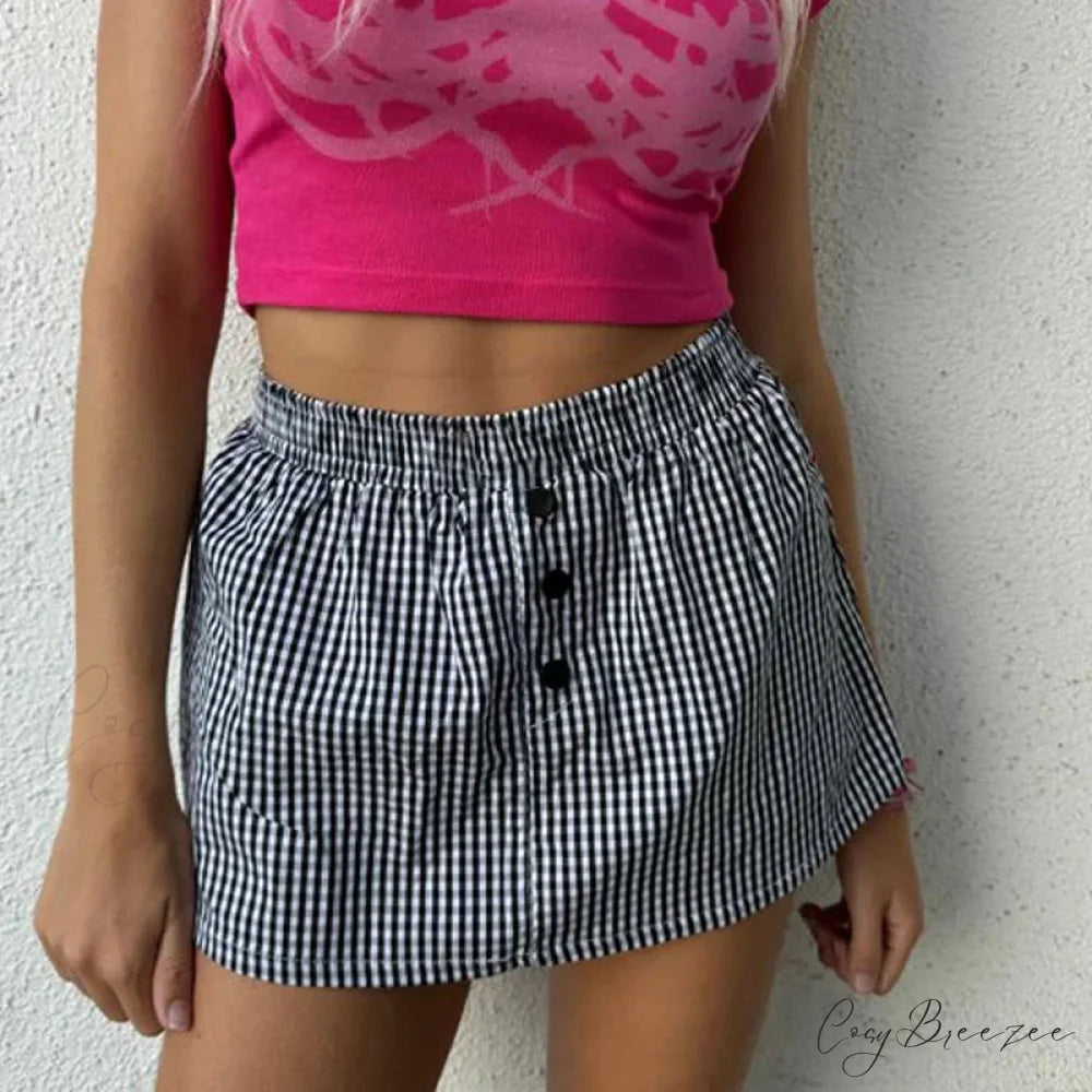 Plaid Button Decro A-Line Skirt Black / S skirts-250223