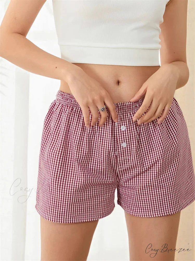 Plaid Button Lounge Pajama Shorts red / S short-250223