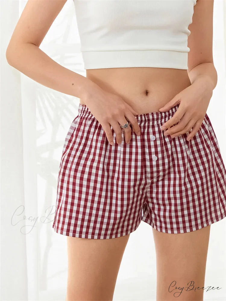Plaid Button Lounge Pajama Shorts short-250223