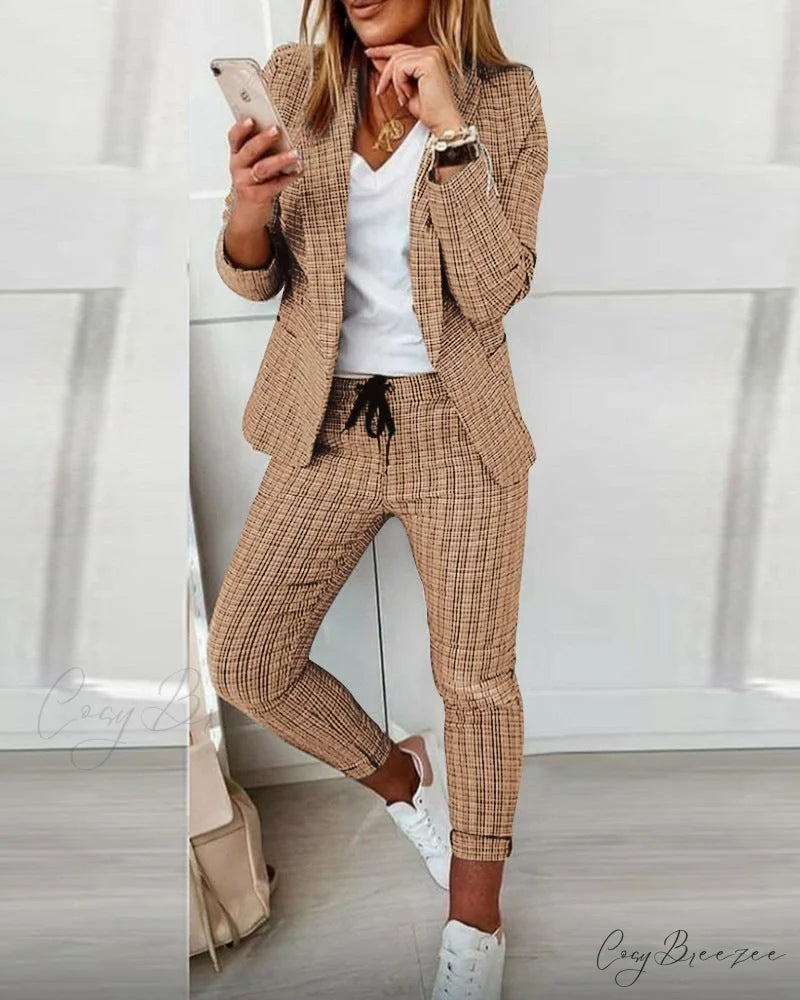 Plaid Comfortable Casual Women’s Suit khaki / S