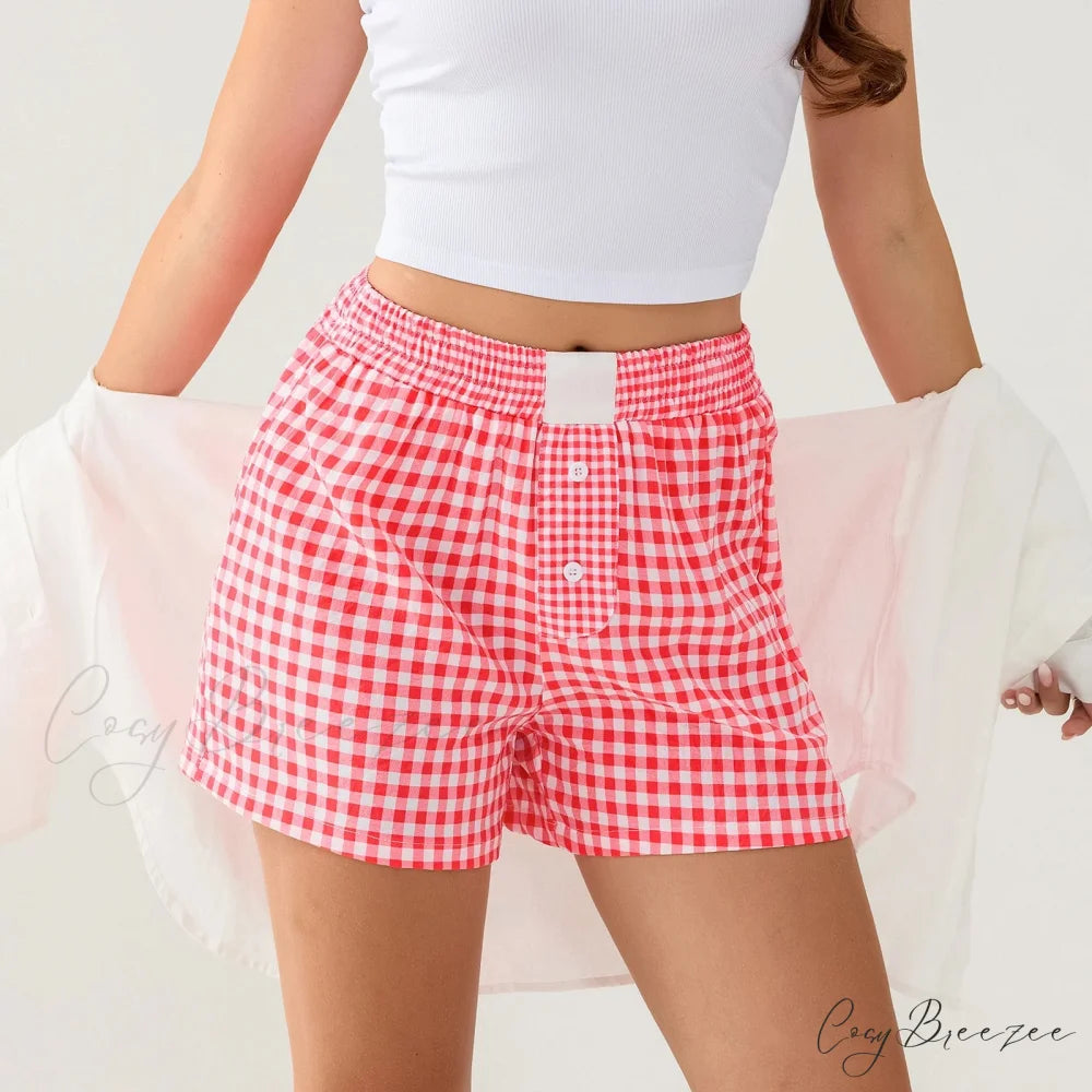 Plaid Contrast Button Lounge Shorts Red / S short-250223