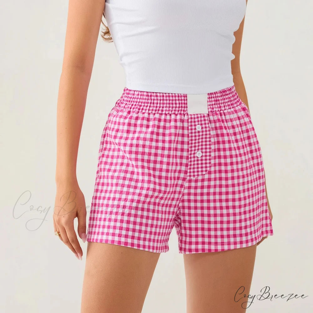 Plaid Contrast Button Lounge Shorts Rose Red / S short-250223