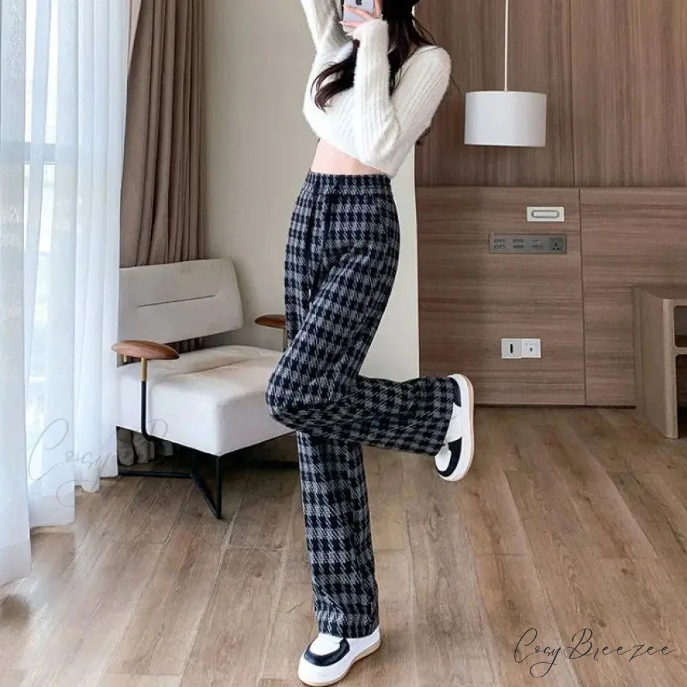 Plaid Drawstring Relaxed Wide Leg Pants pants-241228