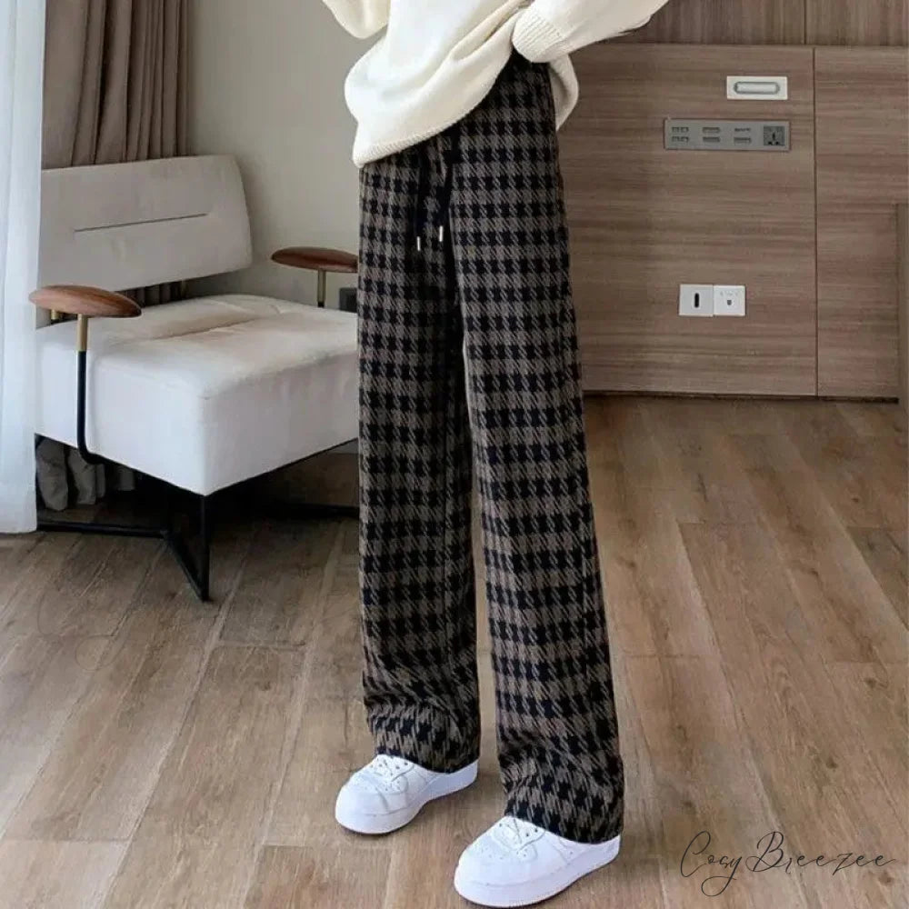 Plaid Drawstring Relaxed Wide Leg Pants pants-241228