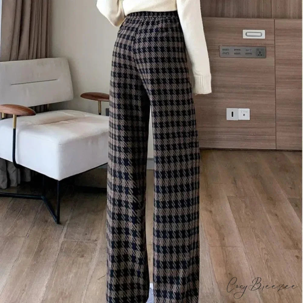 Plaid Drawstring Relaxed Wide Leg Pants pants-241228